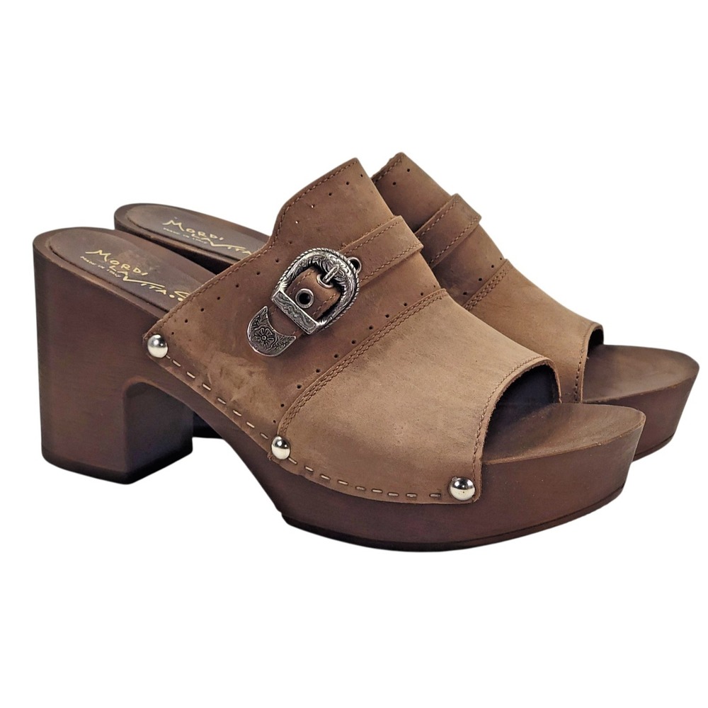 Mordi La Vita Shoes Womens Size 9 ‎ Platform Clog Brown Leather Buckle Studded